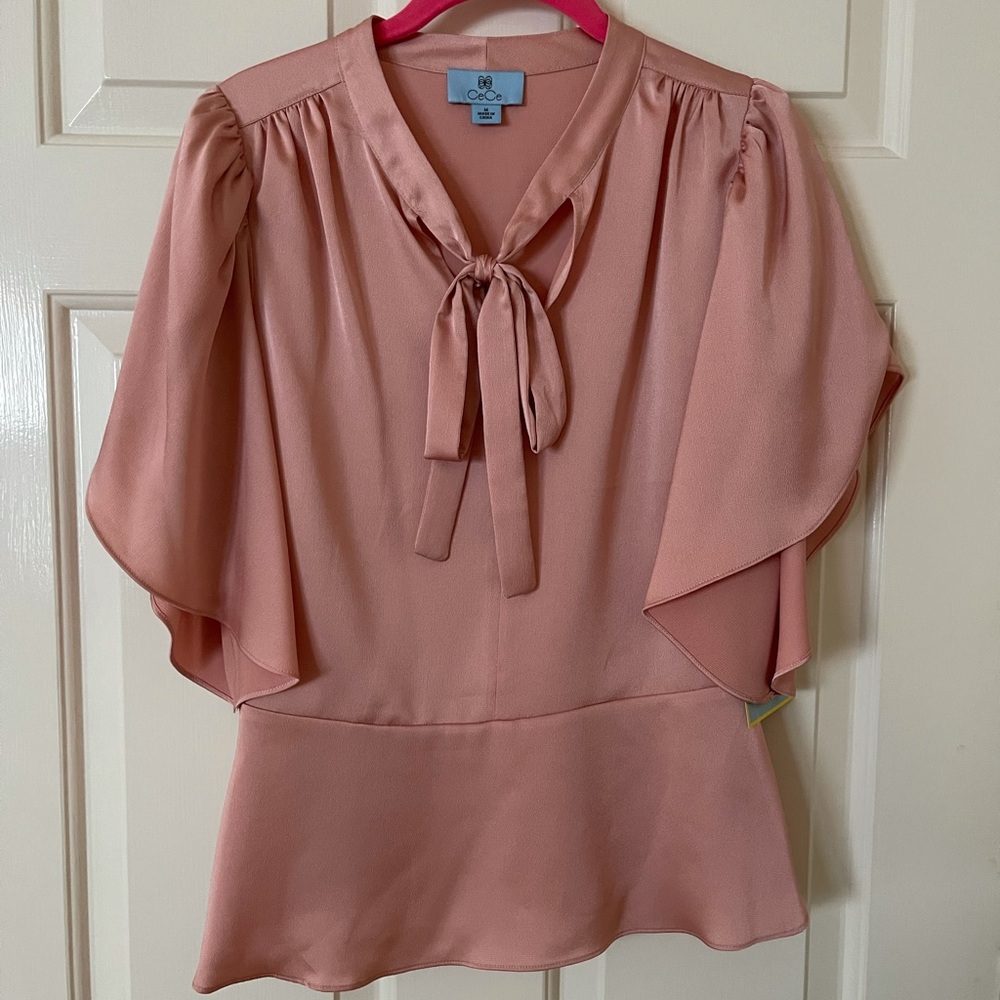 CeCe satin pink tie neck flutter sleeve blouse M